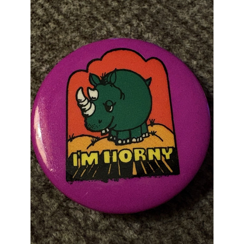 Vintage I'm Horny Rhino Retro Button Pin Purple